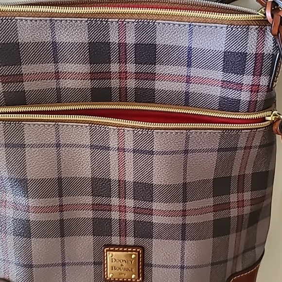 Dooney & Bourke plaid purse. Over the shoulder.  Grey and red. New. - Picture 3 of 5